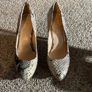 White and black leopard heels